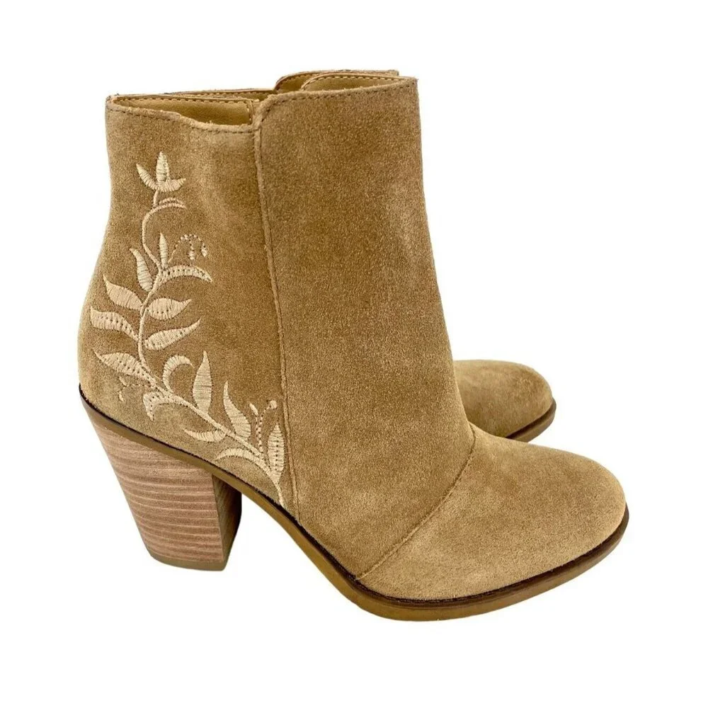 Lucky Brand Boots Suede Embroidered Ankle Boots Tan Heel Leather SZ 6 New